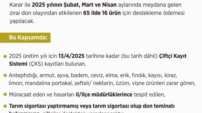 CUMHURBAŞKANI KARARIYLA ZİRAİ DON NEDENİYLE ÜRÜNLERİ ZARAR GÖREN ÇİFTÇİLERE DESTEKLEME ÖDEMESİ YAPILACAK